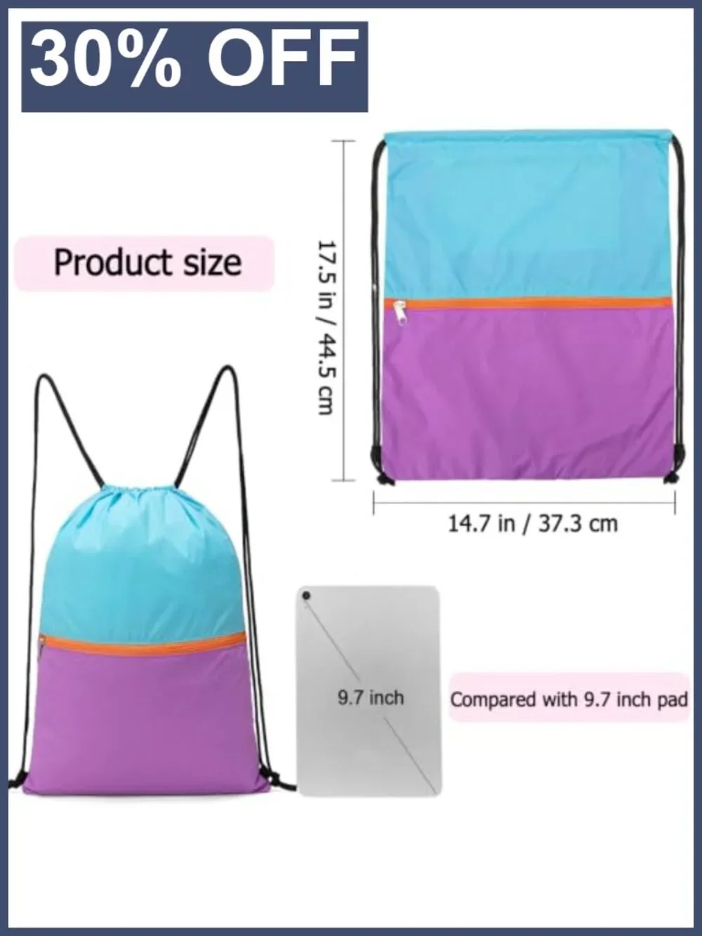 Drawstring Backpack Bag, Sports Sackpack, Nylon, Quick-Dry, 2 Pockets